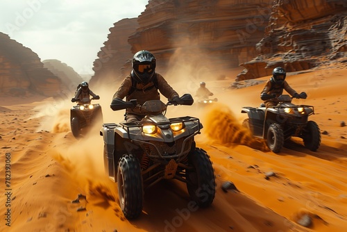 Group riding ATVs in desert, enjoying outdoor recreation in ecoregion photo