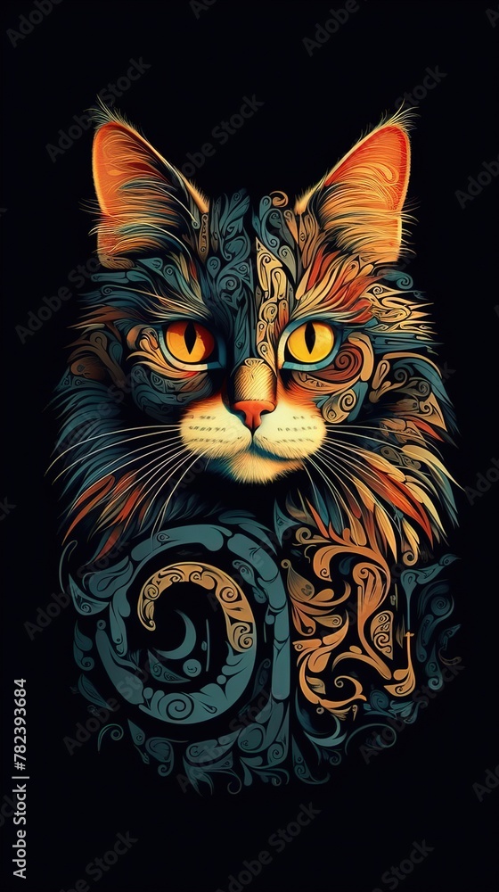 Stylized Cat Typography Art on Dark Background Generative AI