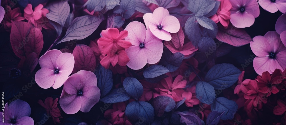 Purple flowers and green leaves on dark backdrop