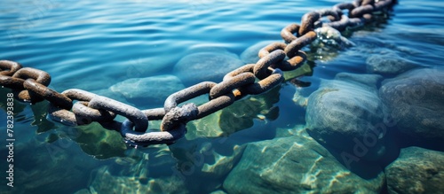 Rusty chain submerged in clear harbor water photo