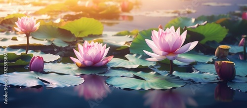 Lotus flowers and lush leaves in water
