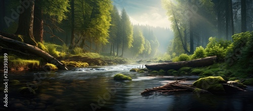 A tranquil river winding through lush woodland