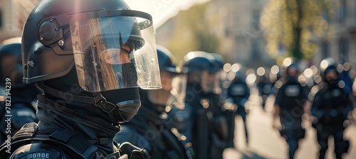 Riot police practice crowd-control scenarios from protesters throwing officers with paint. AI generated illustration photo