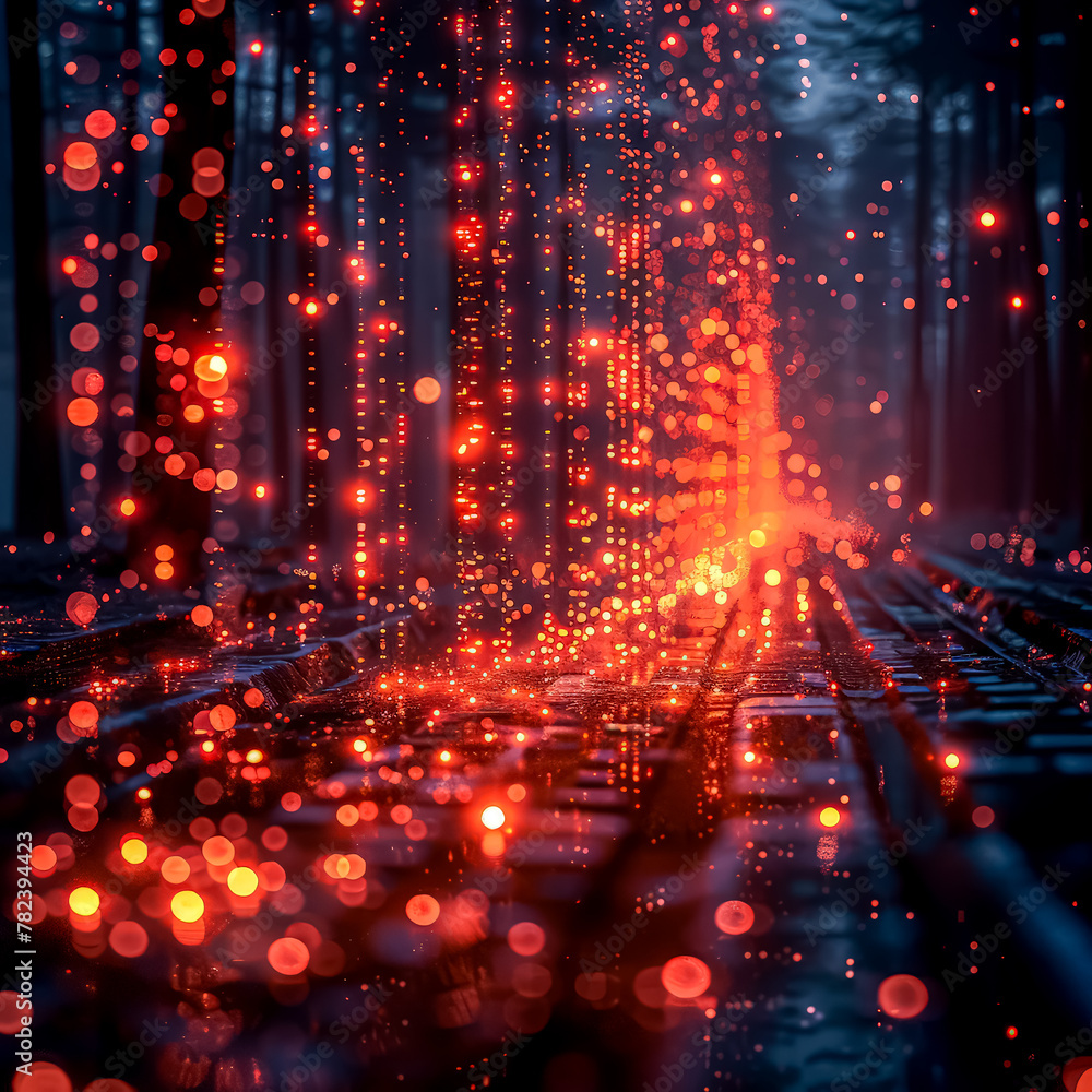 The image is a digital art piece with a red background and a series of glowing dots. The dots are scattered throughout the image, creating a sense of movement and energy. Scene is dynamic and lively