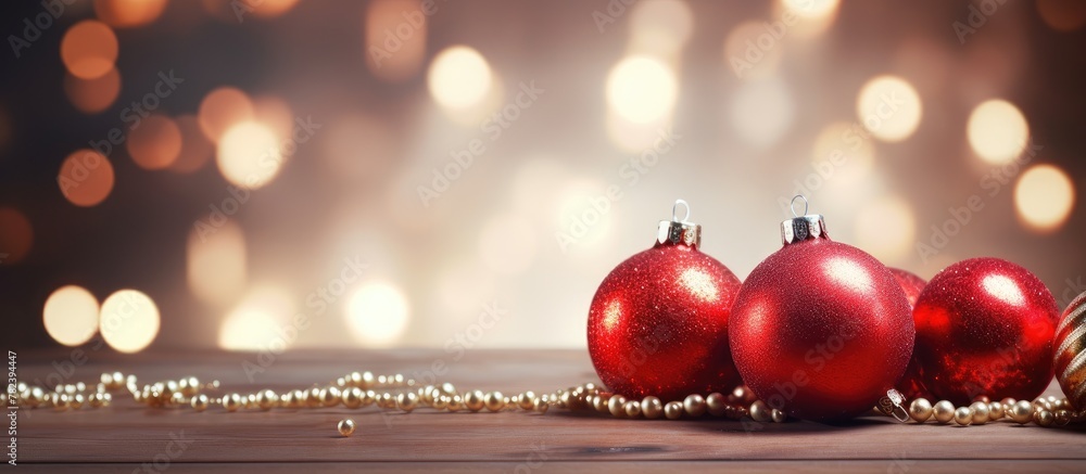 Christmas balls gold ribbon wooden table Christmas balls gold ribbon wooden table