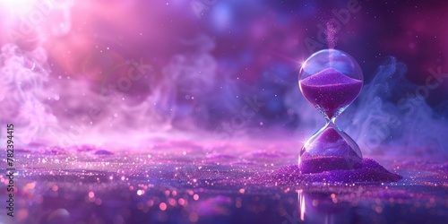 A purple hourglass sand clock placed on top of a wooden table, depicting the passage of time. photo
