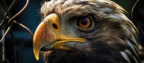 Bird of prey up close near wired cage photo