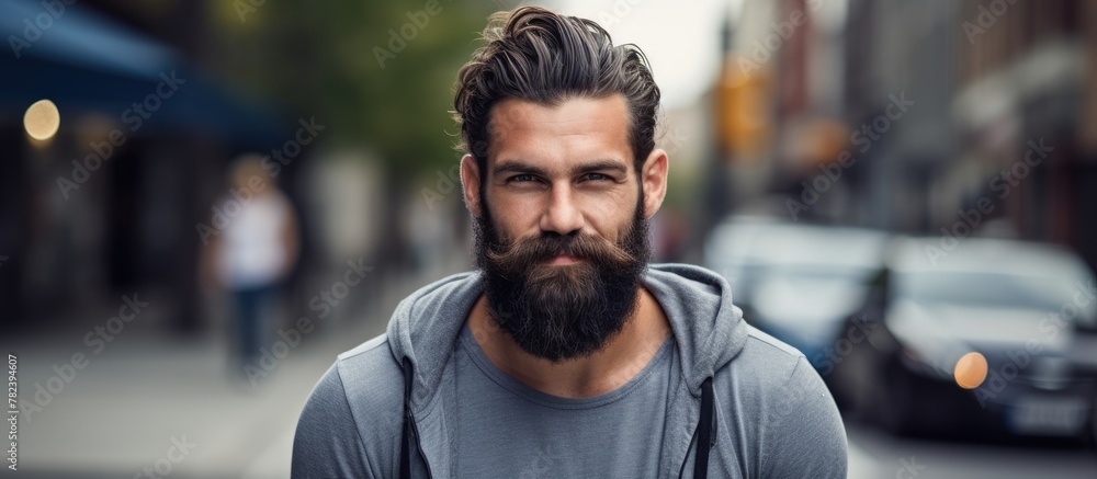Man with Hoodie and Beard on Urban Street Man with Hoodie and Beard on Urban Street