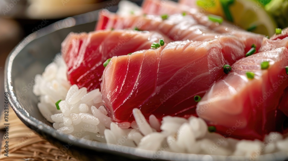 Fresh pink bluefin tuna fillet with white rice on a plate Fresh pink bluefin tuna fillet with white rice on a plate