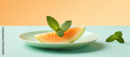 Melon and mint leaf on dish