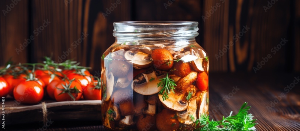 Jar of pickled mushrooms and tomatoes on rustic table Jar of pickled mushrooms and tomatoes on rustic table