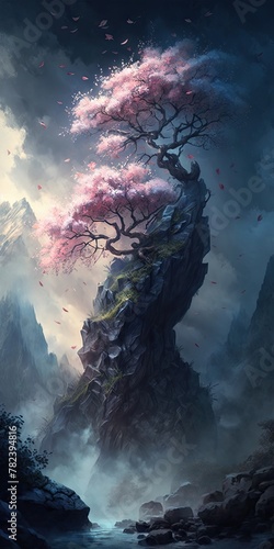 Enchanting Cherry Blossom Tree on Zhangjiajie Peaks Generative AI