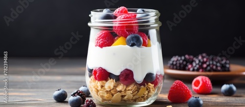 Glass jar of yogurt and fre...