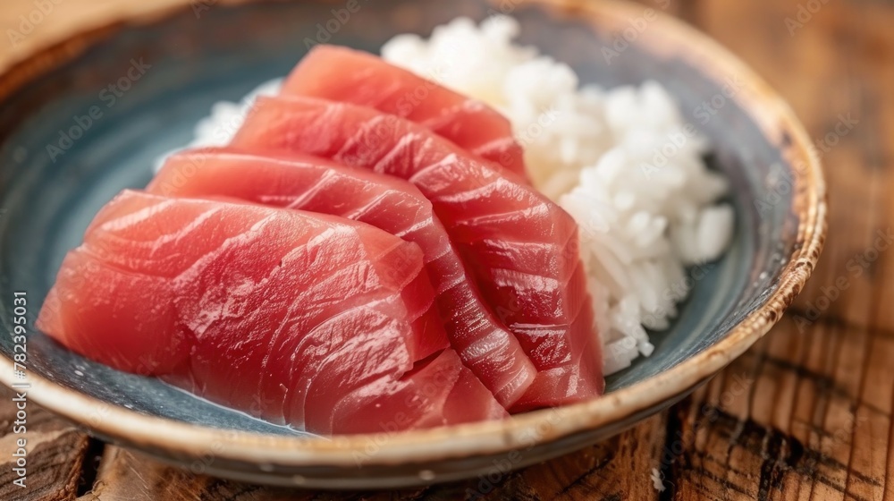 Fresh pink bluefin tuna fillet with white rice on a plate Fresh pink bluefin tuna fillet with white rice on a plate