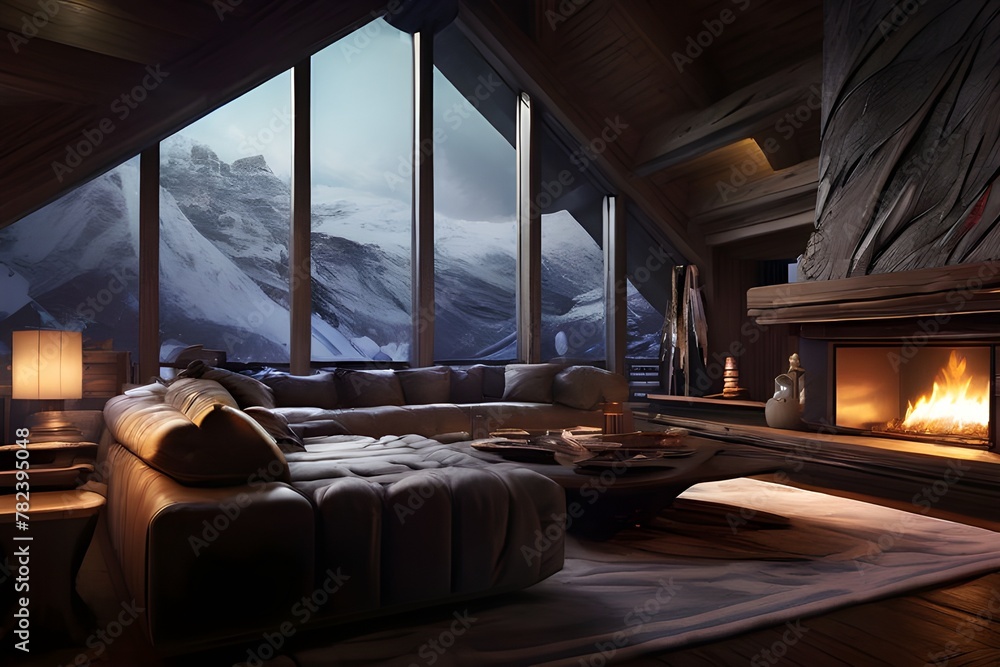 A cozy living room with a large window displaying a stunning mountain view. The room features a fireplace, comfortable couches, and a stylish rug.