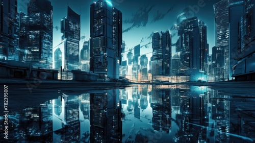 Serene City Skyline in Shades of Blue Generative AI