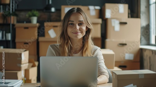 Young woman freelancer sme business online shopping look at camera with cardboard box on table at home - Business online shipping and delivery concept. AI generated illustration