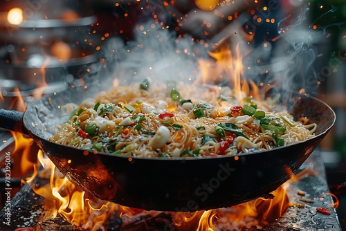 A dish is being prepared over a fire using cookware and food ingredients