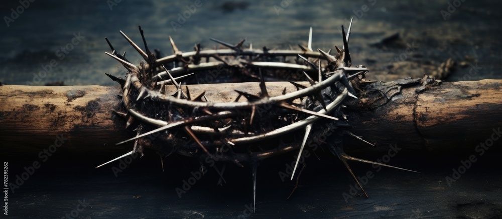 Jesus wears crown thorns and nails on ground Jesus wears crown thorns and nails on ground