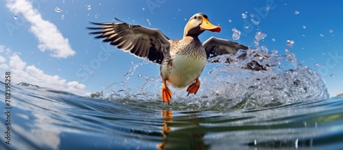 Duck swims wings out, mallard dives underwater photo