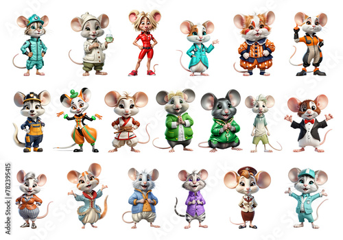Set of cartoon caricature funny freaky mouse, rat character in different looks 3D illustrations on a transparent background. Clipart for stickers, cards, banners, decoration, print and social networks