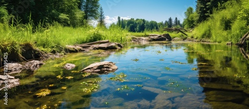 Stream flowing through dense green woodland