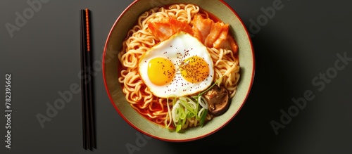 Bowl of noodles with egg and chopsticks