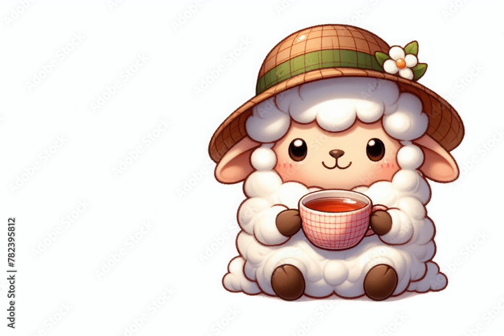 Fototapeta premium Little sheep in a hat sitting with a cup of tea. Space for text.