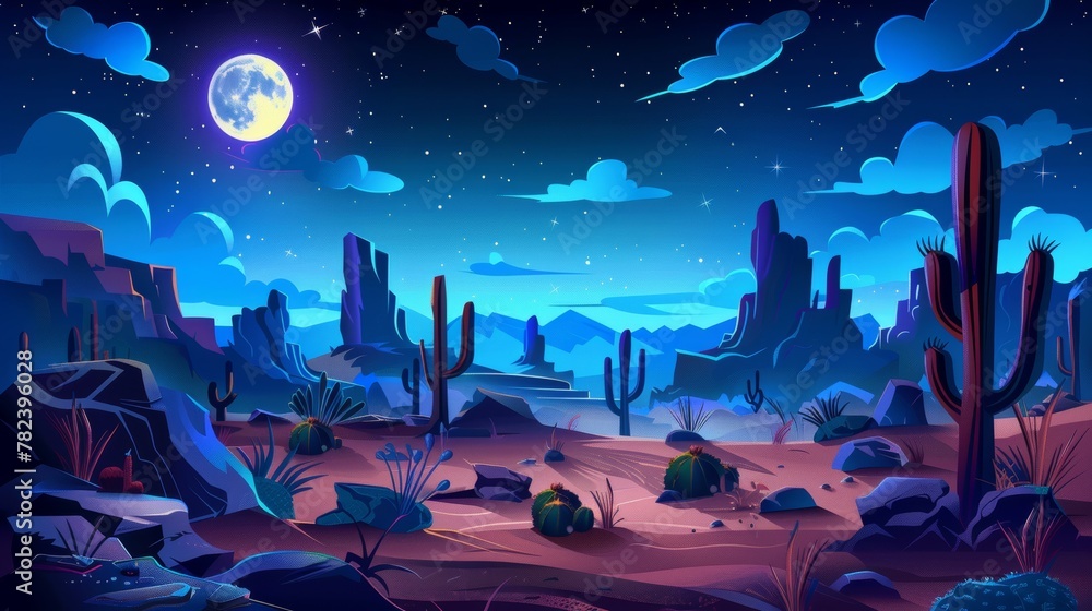 Night desert landscape, Mexican natural background with cacti, rocks and dry deserted land under starry sky. Cartoon modern illustration.