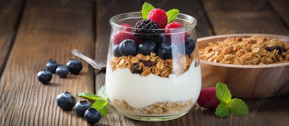 Glass of yogurt with fresh berries and mint Glass of yogurt with fresh berries and mint