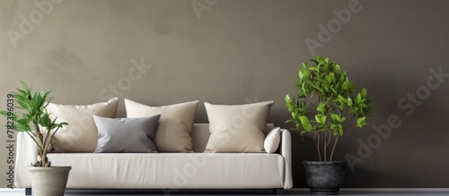 White couch, pillows, potte...