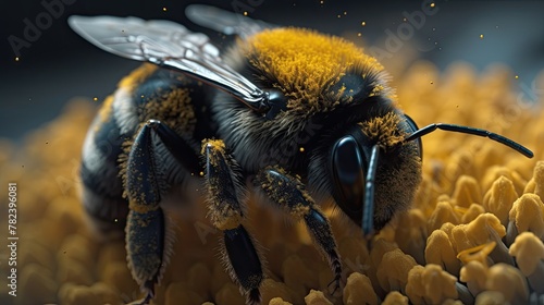 Close-up of Energetic Bumble Bee Covered in Vibrant Pollen Generative AI