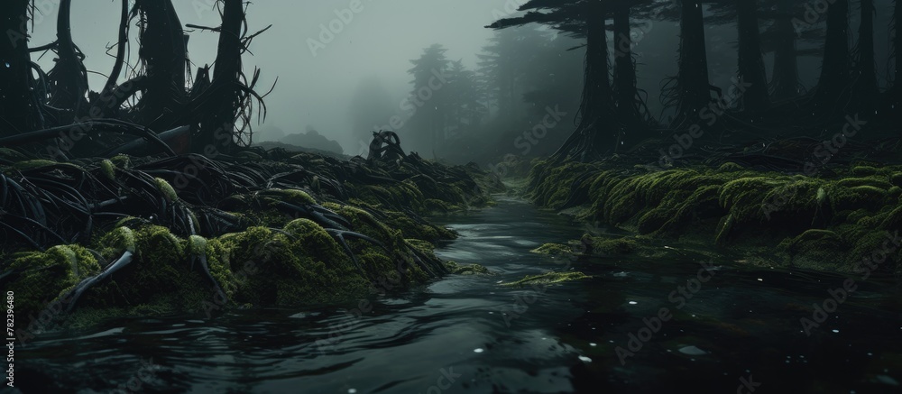 A dense woodland with rocky outcrops and trees up-close A dense woodland with rocky outcrops and trees up-close