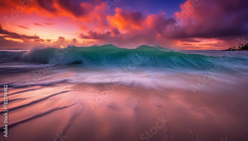 Fantastic beach. Colorful sunset over the ocean. Magic sea landscape. Cloud cover with stars