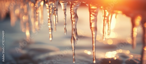 Sunlit melting icicles close up