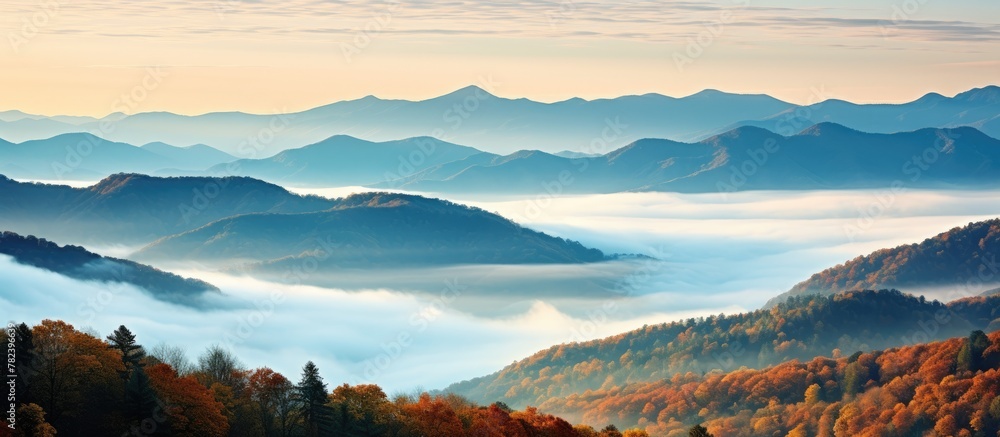 Mountain peaks shrouded in autumn mist