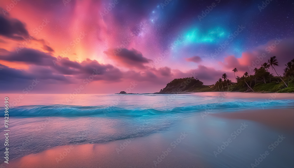 Fantastic beach. Colored sunset over the ocean. Tidal bore. Magical seascape. Clouds with stars