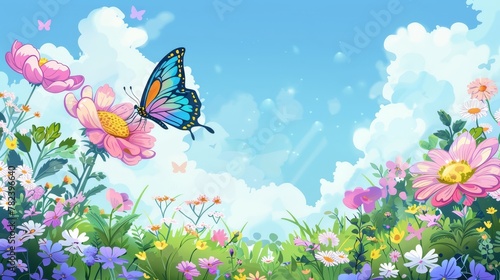 A modern template for a folder, brochure, business card, and birthday invitation featuring a butterfly and blooming flowers