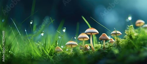 Mushrooms in grass with dew