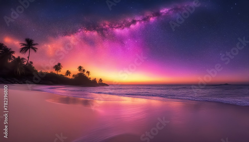 Fantastic beach. Colorful sunset over the ocean. Tidal bore. Magical seascape. Cloud cover with stars