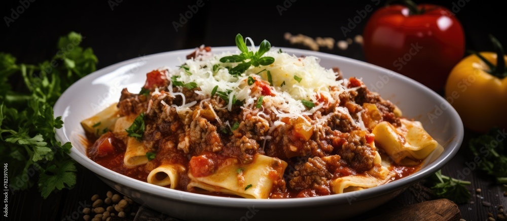 Bowl of pasta with meat and cheese
