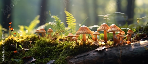 Mushrooms grow mossy log wo...