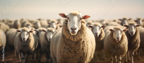 Many sheep graze in field t...