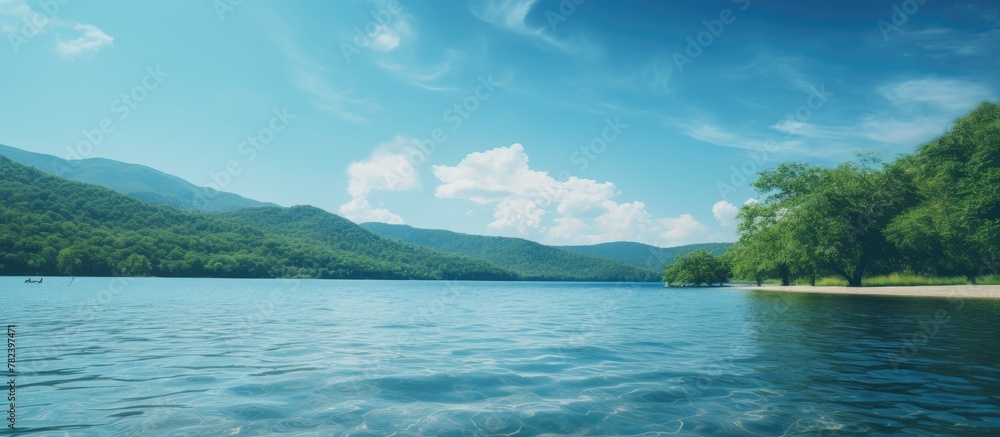 Sandy lake shore and distant mountains