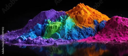 Close-up of vibrant powdered pigments on dark surface