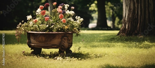 Planter holding flowers on ...