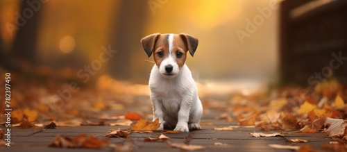 Puppy sitting amidst autumn...