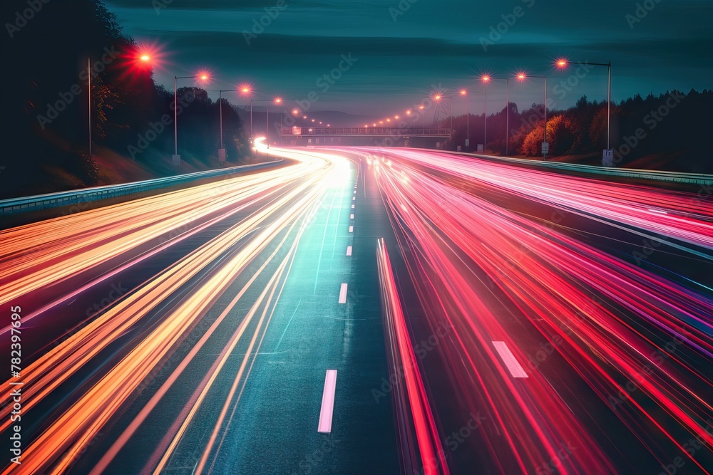 Vibrant Light Trails of a Speeding Car on the Highway at Night Generative AI