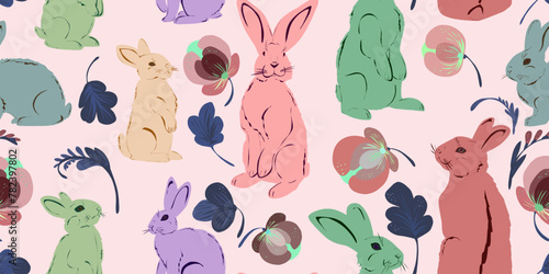 Easter bunnies and stylized flowers hand drawn vector seamless pattern Retro style.