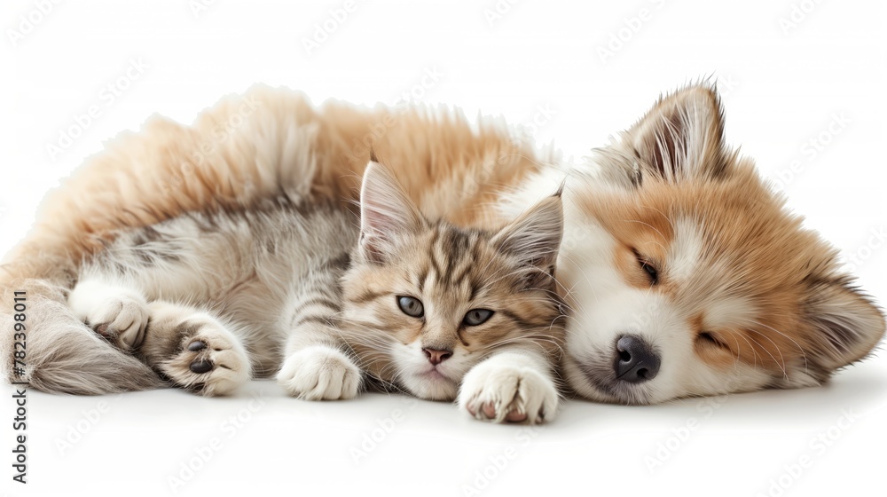 A kitten and a puppy sleep peacefully together on a white background
